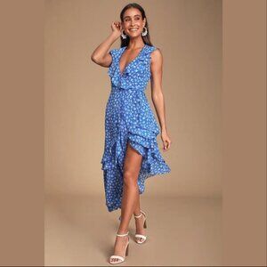 Lulu's Cornelia Royal Blue Floral Print Ruffled Wrap Midi Dress